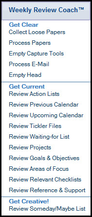 David Allen's Weekly Review steps, as built into the Weekly Review Coach in eProductivity, the premier solution for getting things done in IBM Lotus Notes